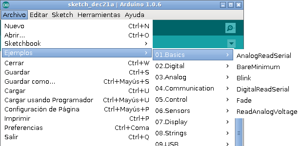 captura IDE mostrando el menú de programas de ejemplo